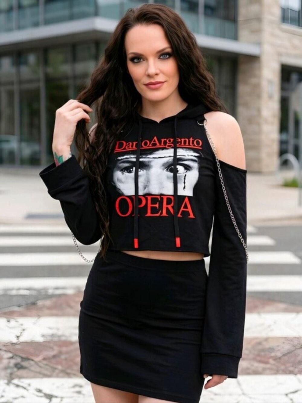 Killstar ✦ Opera Crop Hoodie ✦ Dario Argento Eyes Graphic Cold Shoulder Gothic